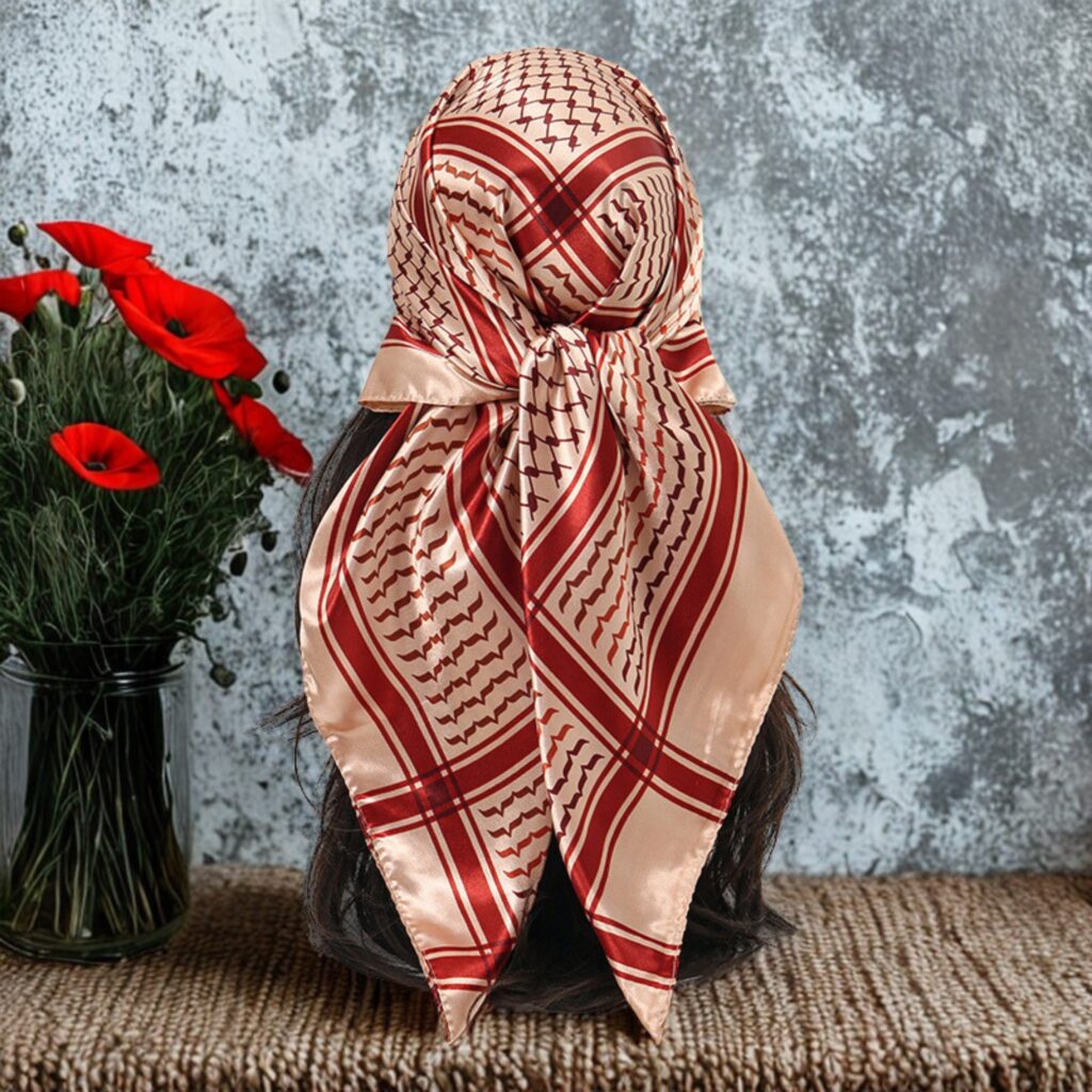Keffiyeh - Soft Silk Satin - Burgundy and Cream Beige