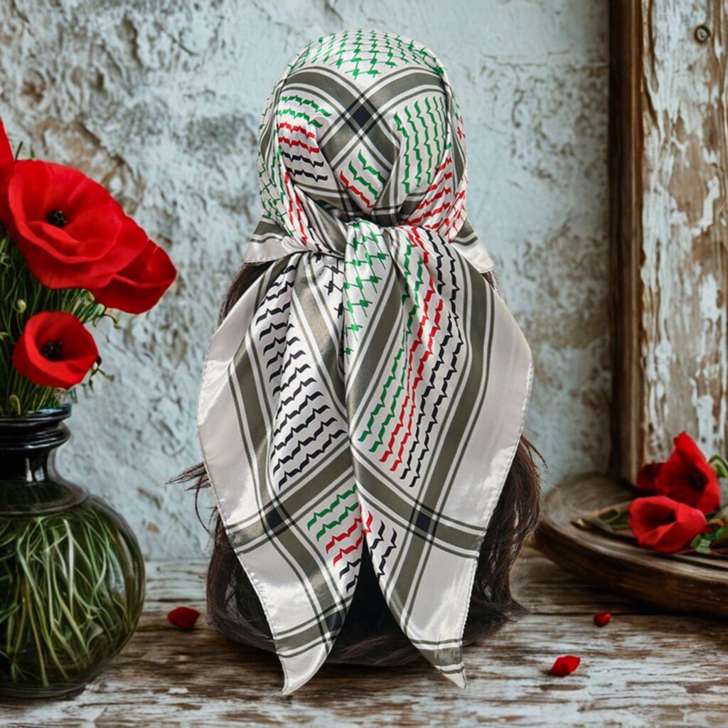 Keffiyeh - Soft Silk Satin - Gray - black - green and red