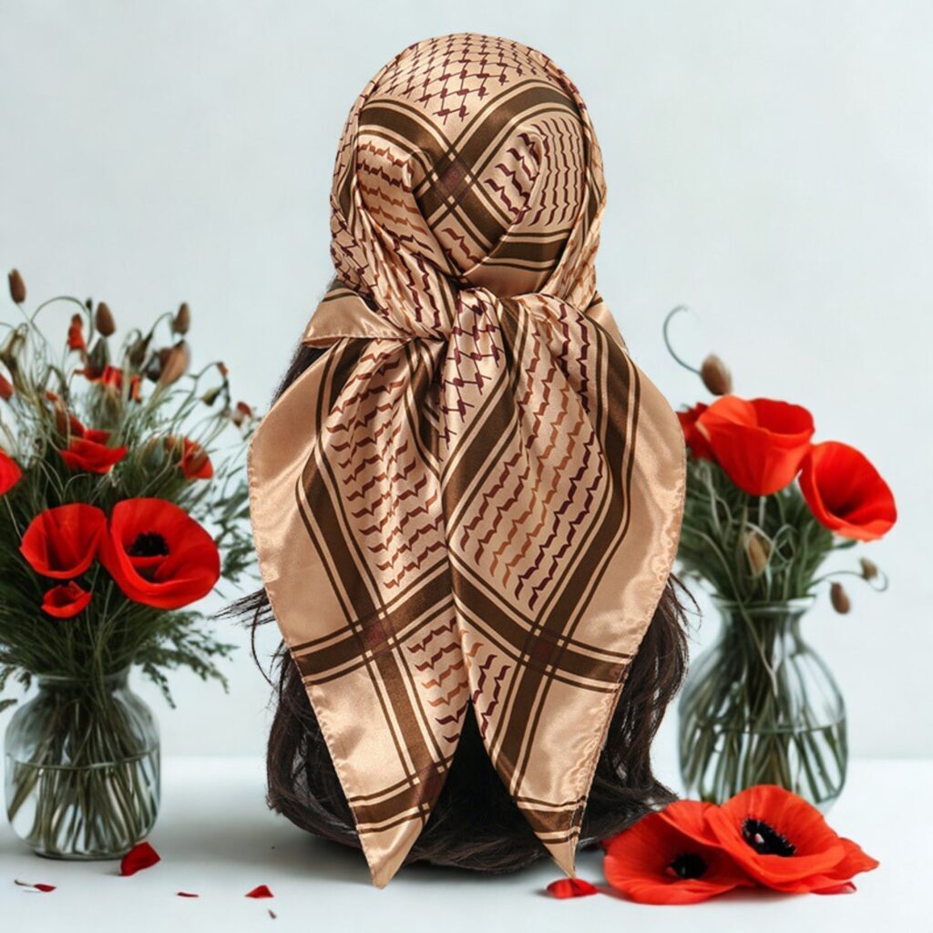 Keffiyeh - Soft Silk Satin - Brown - beige and beige cream