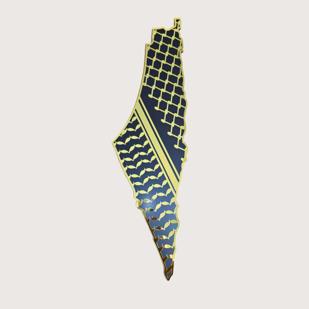 Map of Palestine in gold keffiyeh pattern – wall hanging